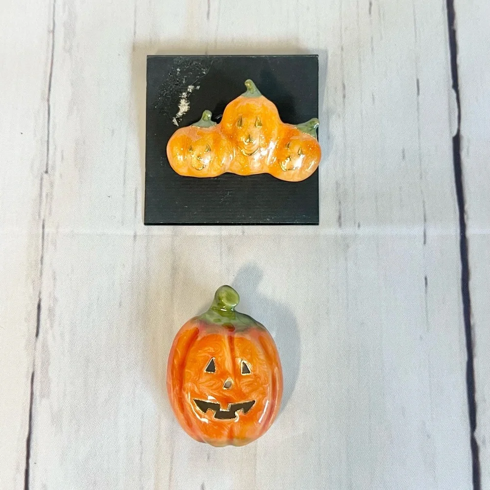 Vintage Halloween Pumpkin Brooch Pin Set Enamel Jack O Lantern Fall